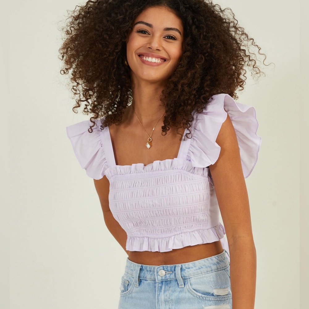 NWT Altar’d State Meg flutter sleeve smocked crop top women’s M medium purple